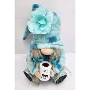 9" Gnome Drinking Coffee Plush Number One Mom Blue Flower